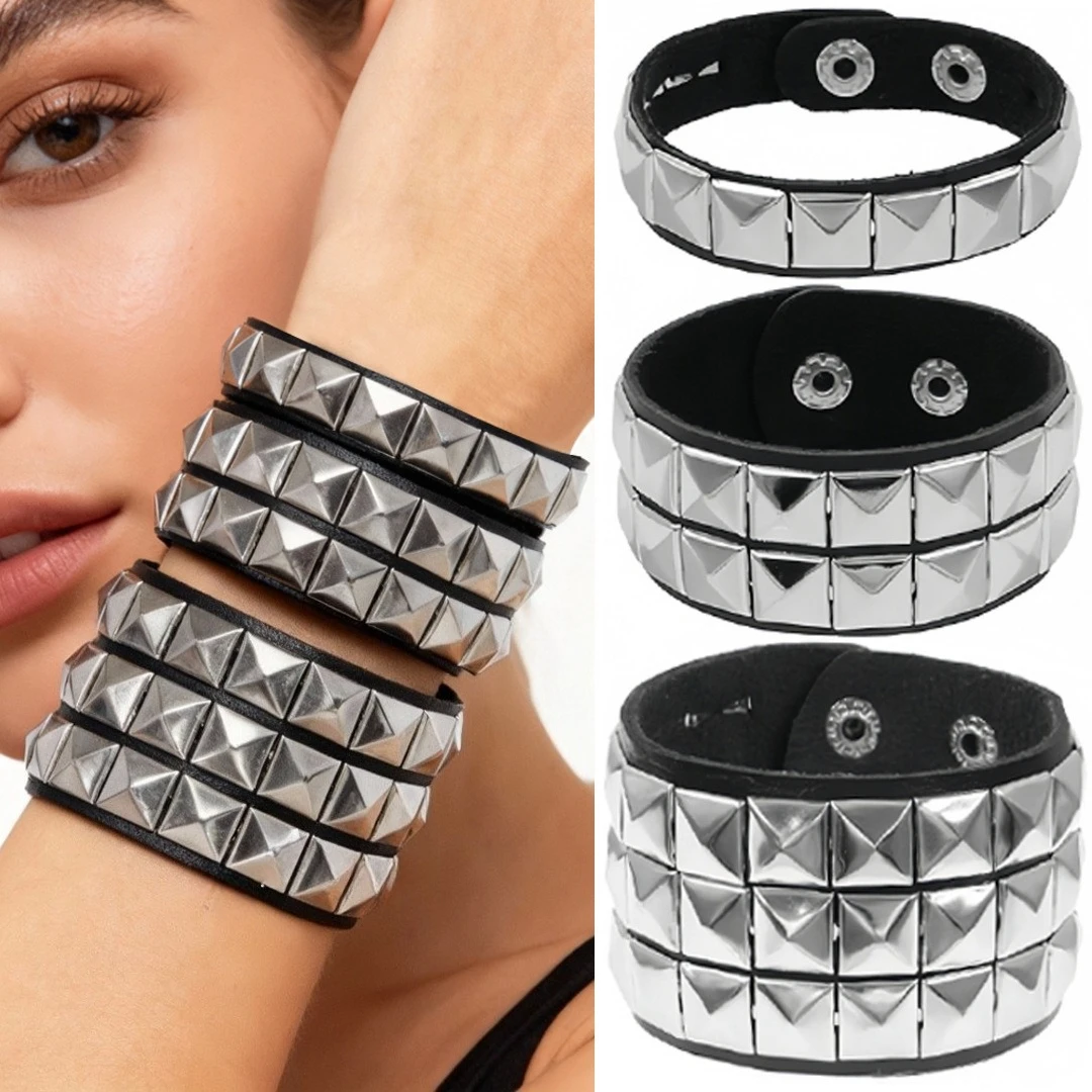 Punk Rock Bracelet Men Black Cuff Leather Bracelet Wristband Metal Rivets Stud Charm Wrap Bangle Women Rock Gothic Jewelry Gift