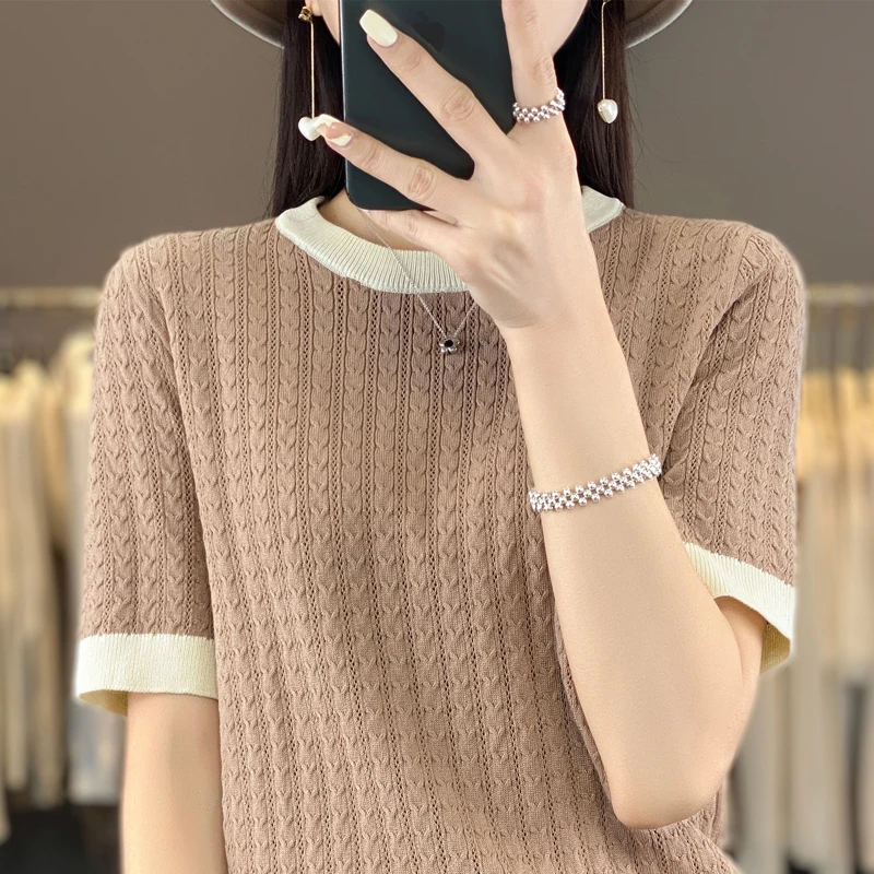 

Women's Round Neck Short Sleeved Ice Silk Fabric Knitted Loose Hollow Pullover Summer Fashionable Contrasting Striped T-Shirt