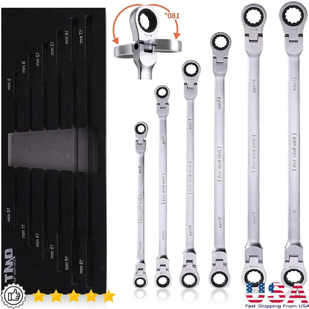 6-Piece Metric Extra Long Ratcheting Wrench Set with Flex Head 8mm to 19mm XL Extended Handle Chrome Vanadium Steel 72 Teeth