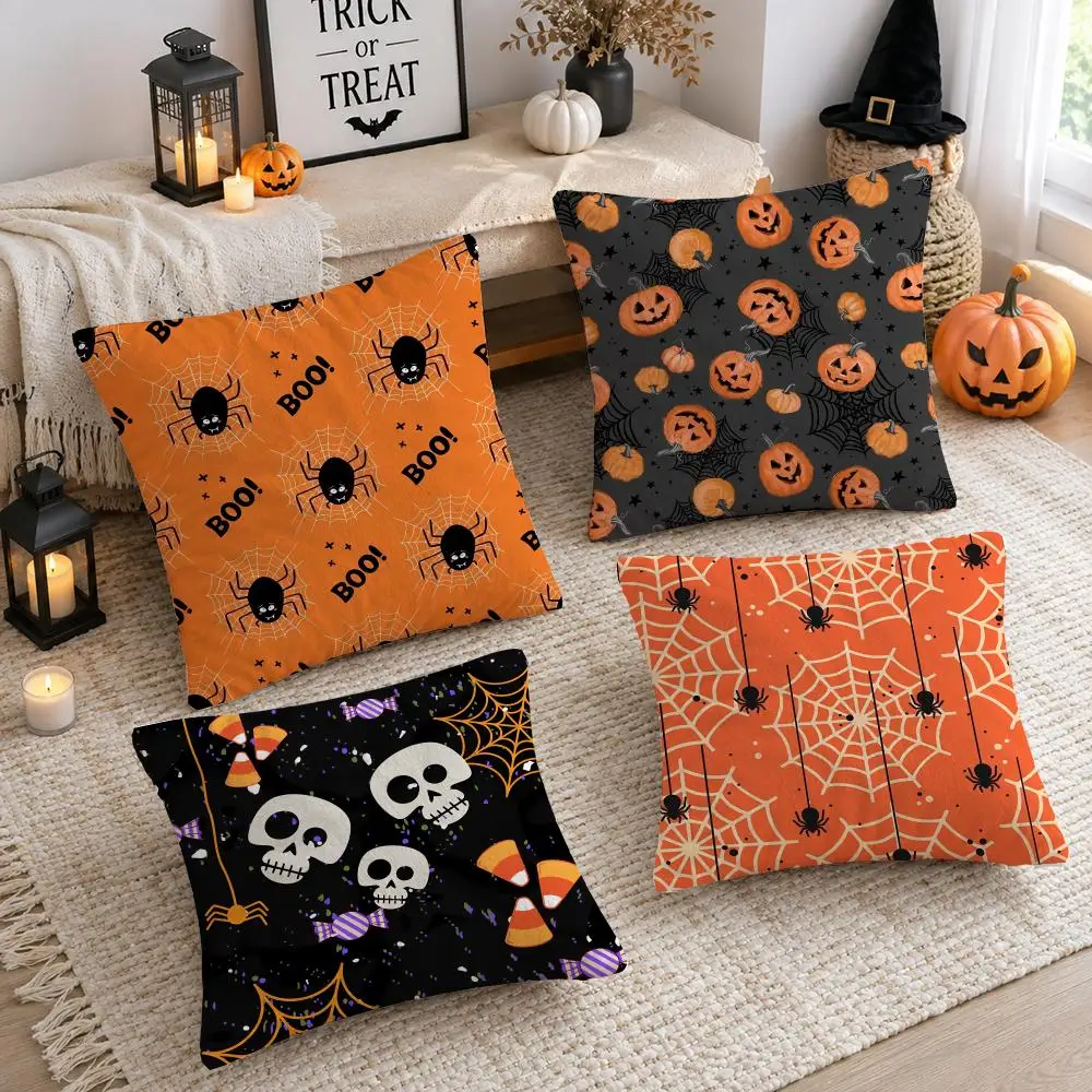 Happy Halloween Scary Spider Web Cushion Cover Soft Short Plush Double-Sided Printing Sofa Home Decor Festival Pillow Case Gifts