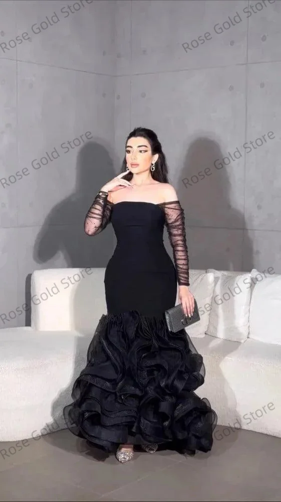 Vestidos de noite femininos de sereia preta, ombro de fora, manga completa de tule, vestidos de baile personalizados, babados, plissados, robes de soriee