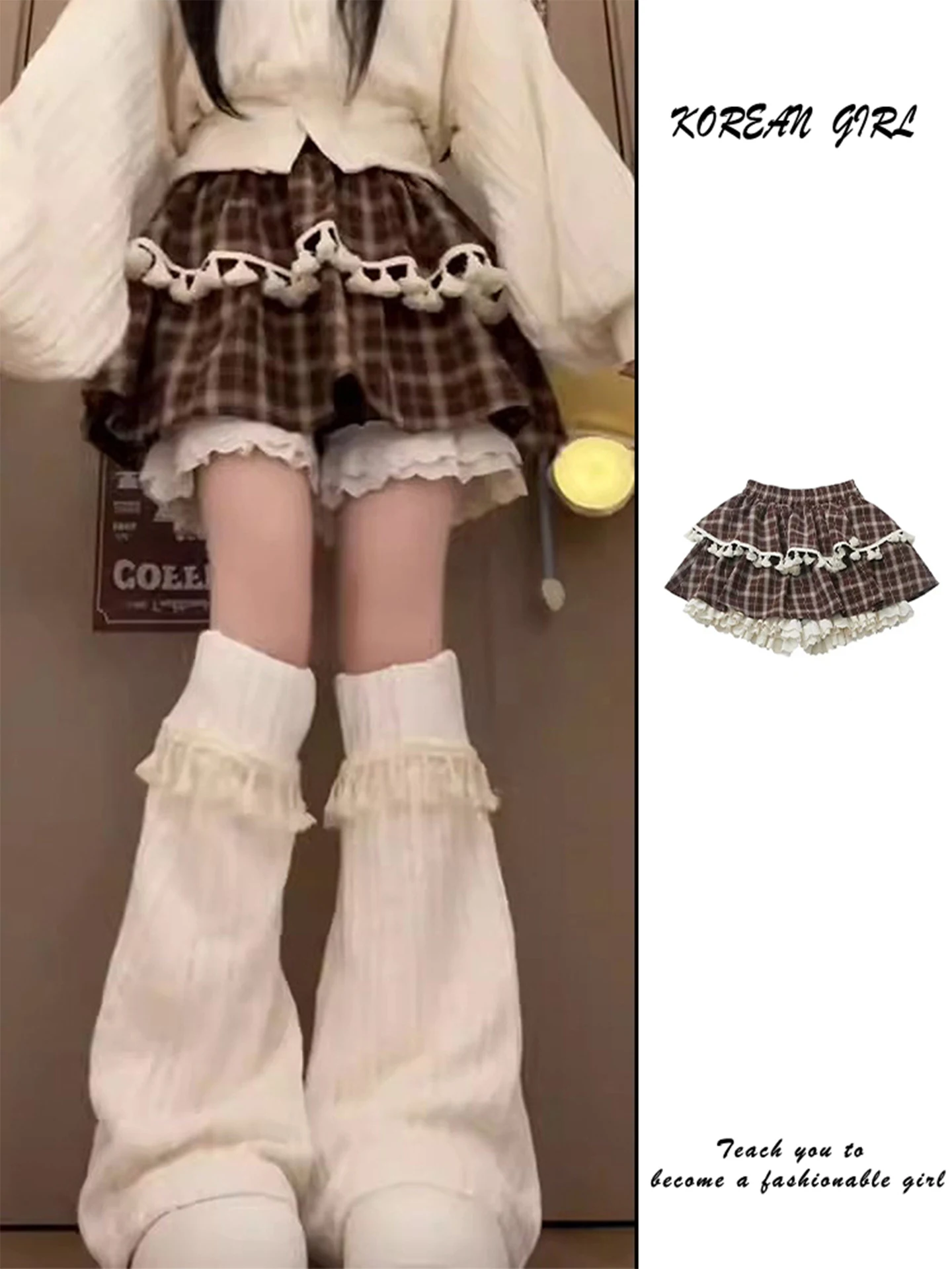 

Коричневая плиссированная юбка в клетку для женщин, милая, с кружевной отделкой, короткая юбка-кейк, с высокой талией, А-силуэт, винтажная, повседневная одежда