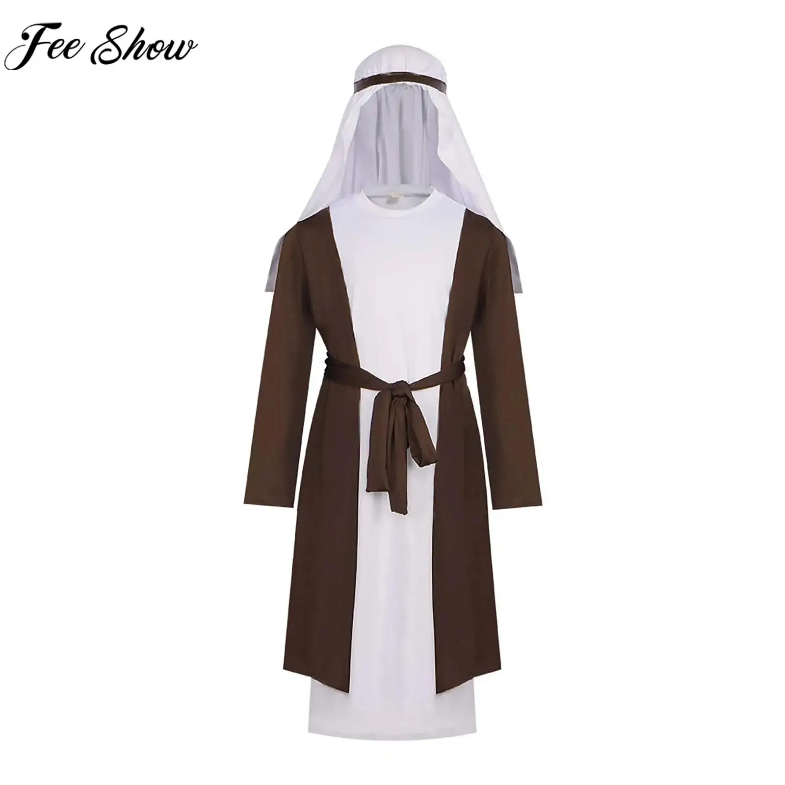 

Children Boys Saint Joseph Costume Arabian UAE Shepherd Cosplay Clothes Abaya Robe with Sash Headpiece for Halloween Theme Party