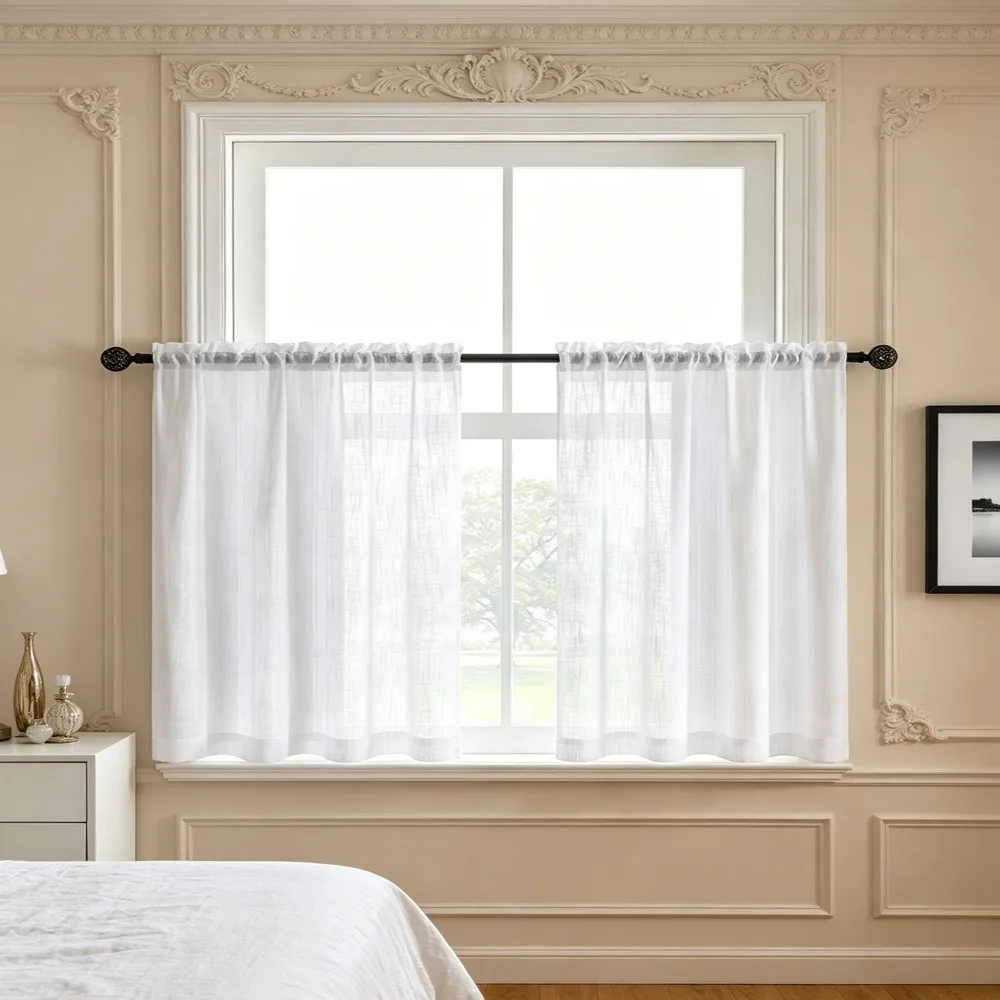 2PCS Through-shaft Type Linen Textured Kitchen Short Curtain Semi Transparent Light Filtering Gauze Tulle Kitchen Curtain