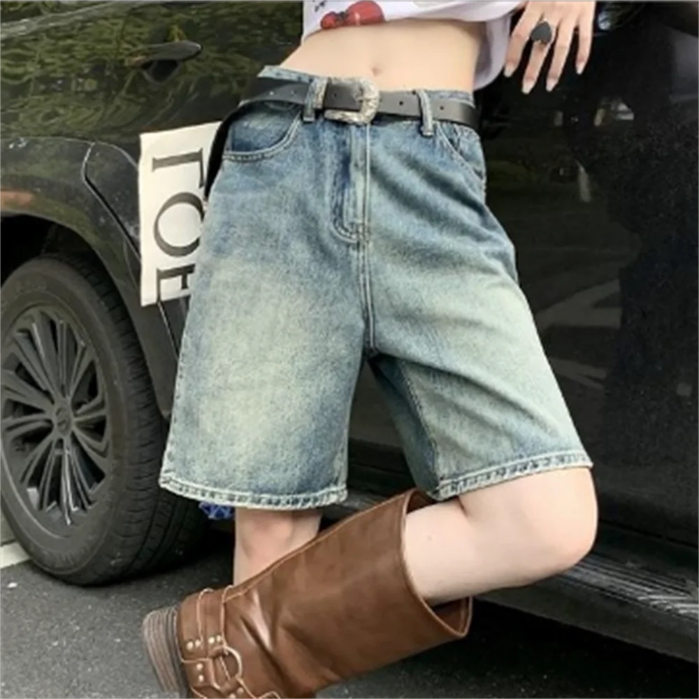 

New retro jeans women high-waisted straight-legged trousers short denim