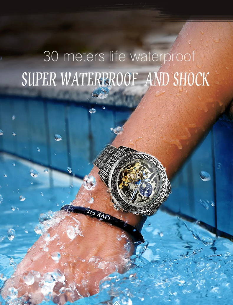 FORSINING ヴィンテージ彫刻メンズ腕時計ムーンフェイズ自動スケルトン機械式発光高級ステンレス鋼ファッション腕時計