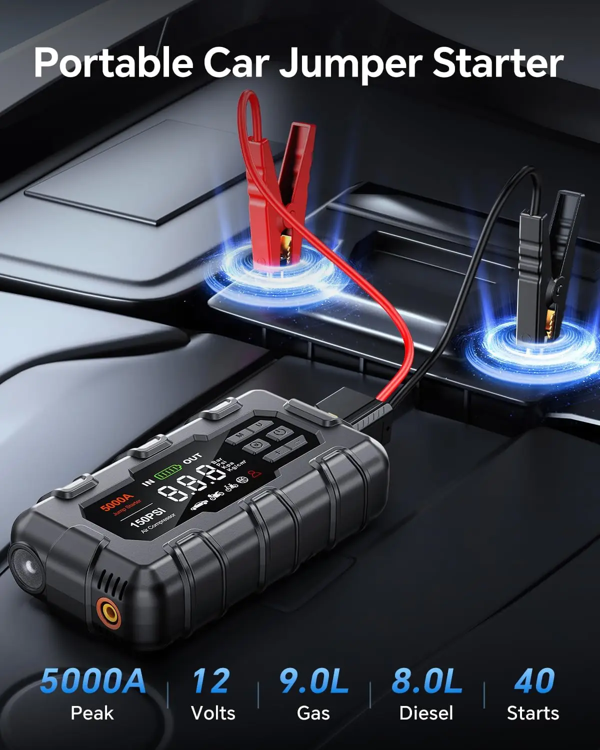 Jump Starter 5000A، 12V مع ضاغط هواء، PD 45W، ضوء LED، كابلات توصيل، شاشة، حقيبة تخزين