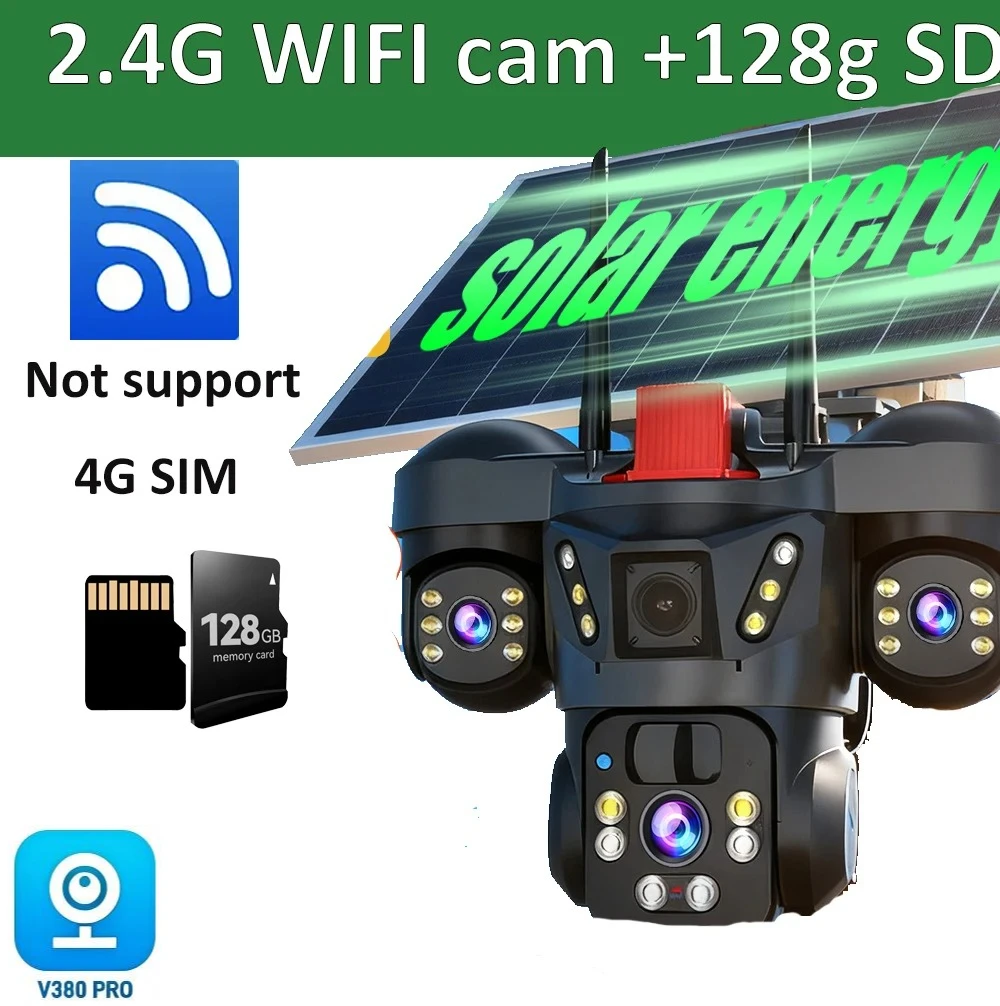 8K 15MP Draadloze WiFi Solar Camera Drie Lens Drie Scherm 4G Sim-kaart Solar Cam Menselijke detectie Outdoor Solar Surveillance V380 Zonne-energie Bewakingscamera Buiten, Solar CCTV Camera met