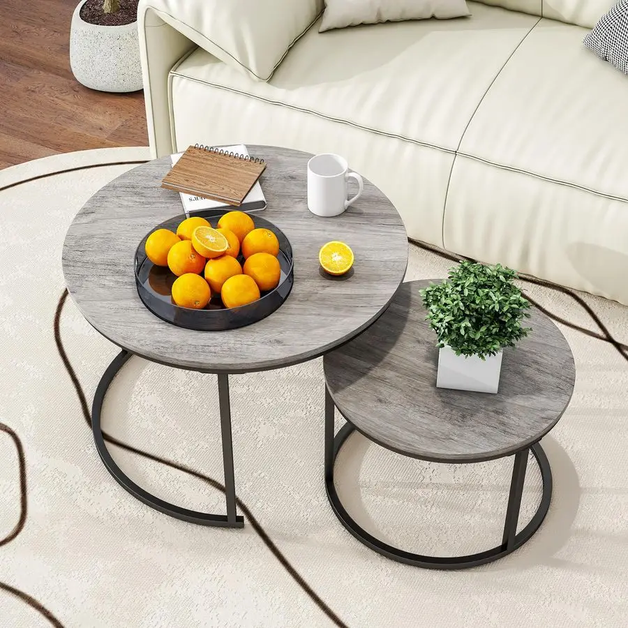 

Nesting Round Coffee Table Set of 2 End Tables for Living Room,Grey Coffee Table Wooden Accent Furniture with Metal Frame,Stack