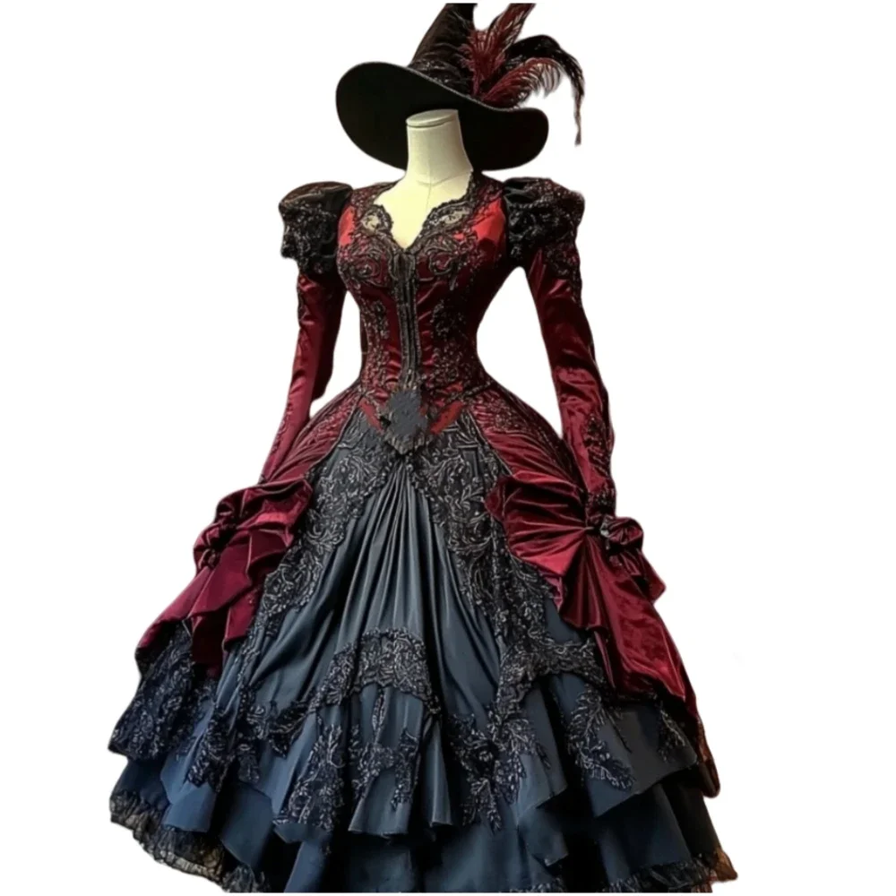 부르고뉴 블랙 고딕 댄스 파티 드레스 할로윈 긴 소매 빅토리아 steampunk 코르셋 이브닝 가운 착용 맞춤형