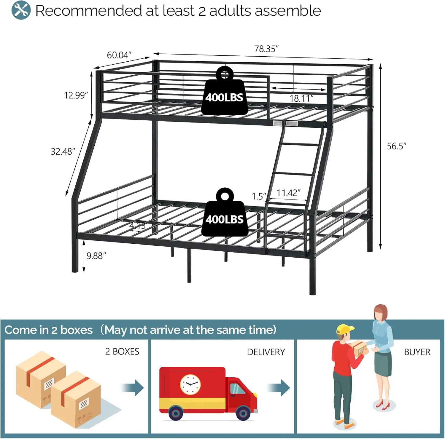 Lit double superposé complet pour enfants et adultes, escaliers, échelons plats, lattes métalliques rapides, aucun ressort mécanique nécessaire, noir