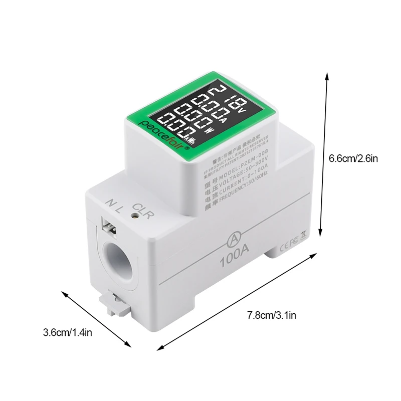 Medidor de energía de potencia de riel Din, vatímetro electrónico kWh, amperímetro Digital multifuncional, voltímetro de ca, 50-300V, 100A, PZEM-008