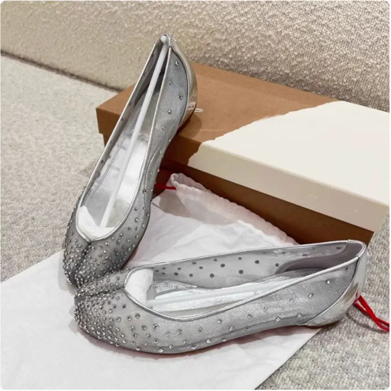 

Retro Rhinestones Pig's Trotter Flats Split Round-Toe Mesh Sandals Breathable Soft Soles Comfortable Ballet Women Shoes