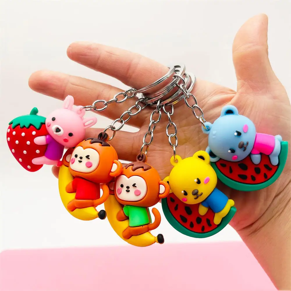 New Creative Cartoon Animals Keychain Watermelon Bear Banana Monkey PVC Soft Rubber Doll Pendant Car Keychain Gifts