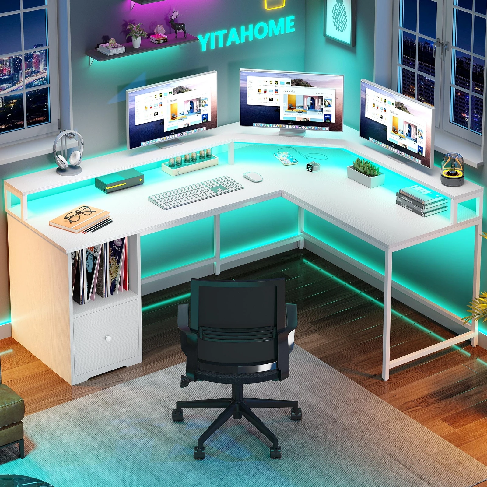 

LED L Shaped Gaming Desk with Power Outlets 67" Computer Desk with Monitor Stand