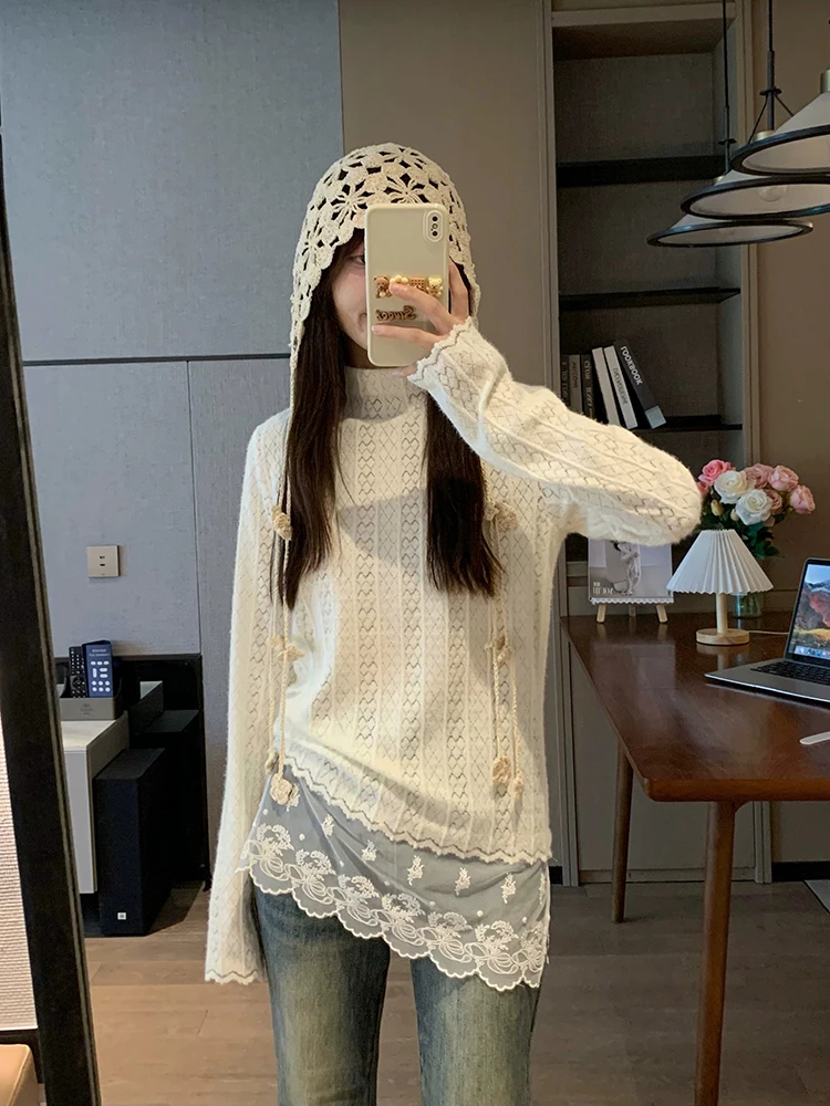 

Модный корейский трикотажный джемпер свободного кроя с высоким воротником, однотонный, с кружевными вставками, для повседневной носки, с длинными рукавами