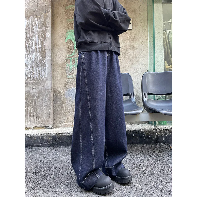 Jeans Denim Kaki Lebar Biru Tua Celana Panjang Potongan Lurus Longgar untuk Pria Celana Panjang Pinggang Rendah Sle Amerika Antik Musim Gugur Musim Dingin