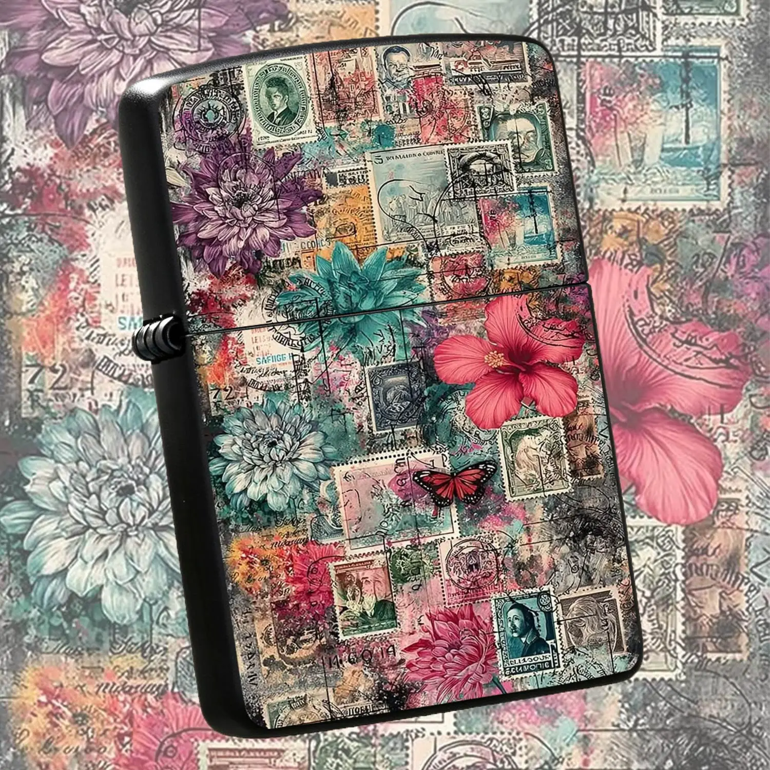 Vintage Floral Stamp Collage Art Style Lighter, Full-Scenario Applicable Portable Daily Accessory, Retro Aesthetic Creative Practical Item, Exquisite Atmospheric Present For Friends And Hobbyists, Unique Artistic Decora A Humorous And Inter
