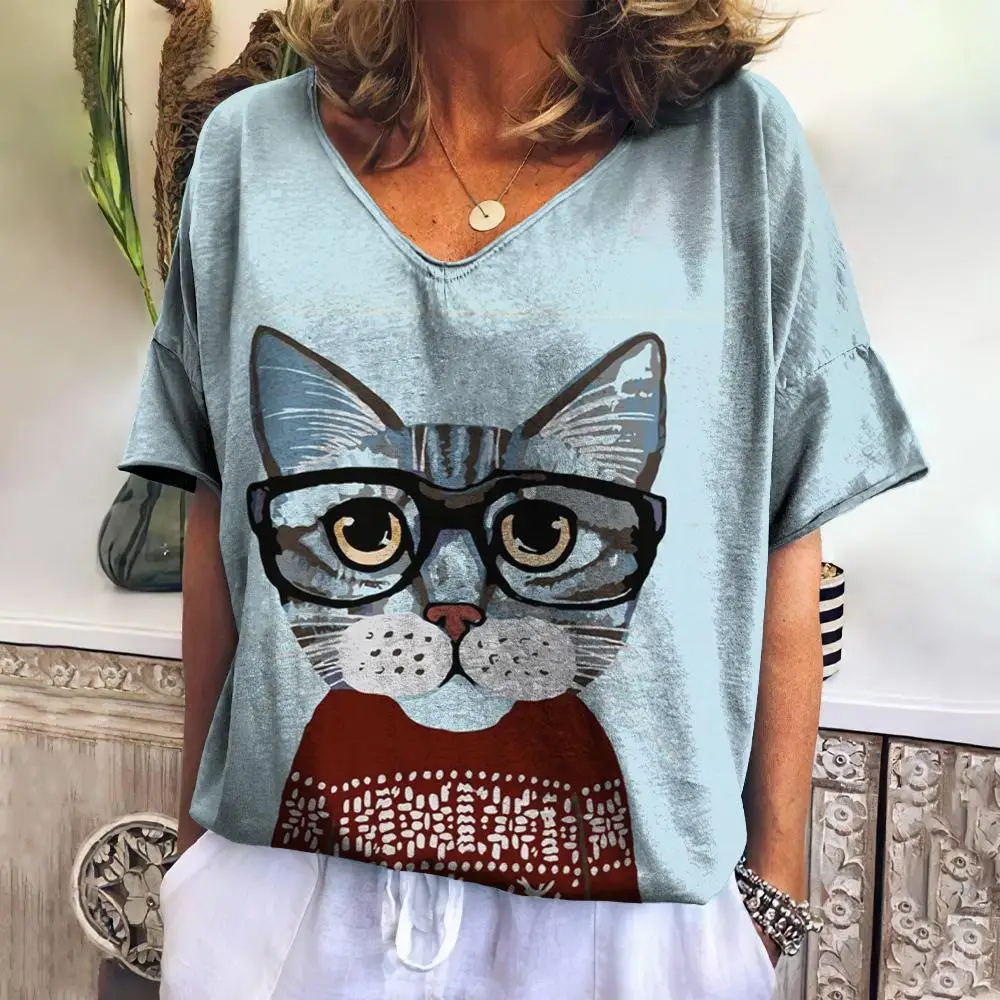 

3D Cartoon Animal Print Fashion Cat Pattern Women's T-shirts Loose Short Sleeves Tees Tops Casual Women Clothing Streetwear