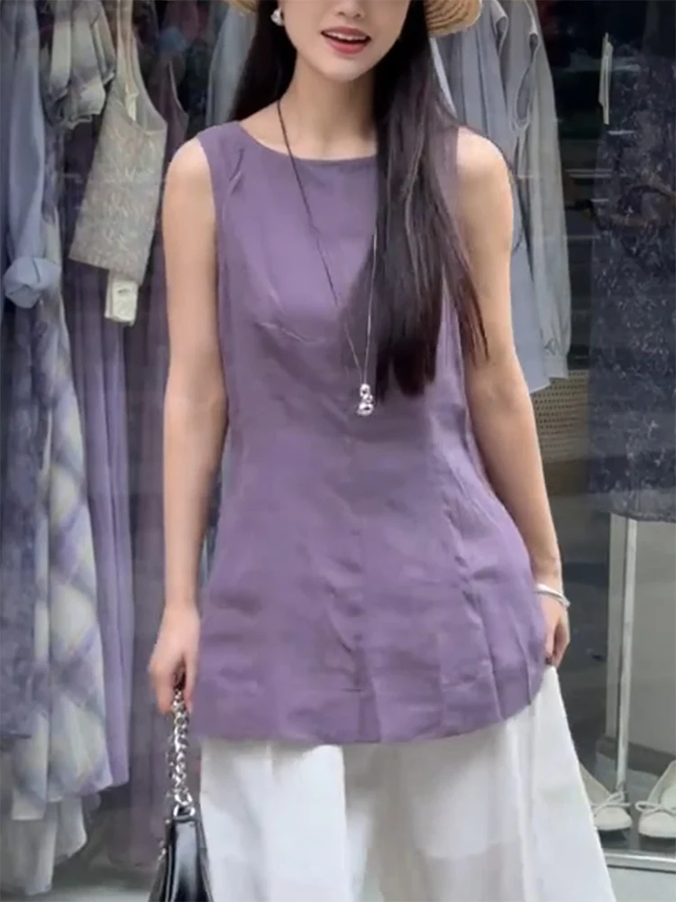 

Purple Simple Pleated Waist round Ne Svel Strap Vest irt Summer Lightweight Mature Large Size Women's Clothing