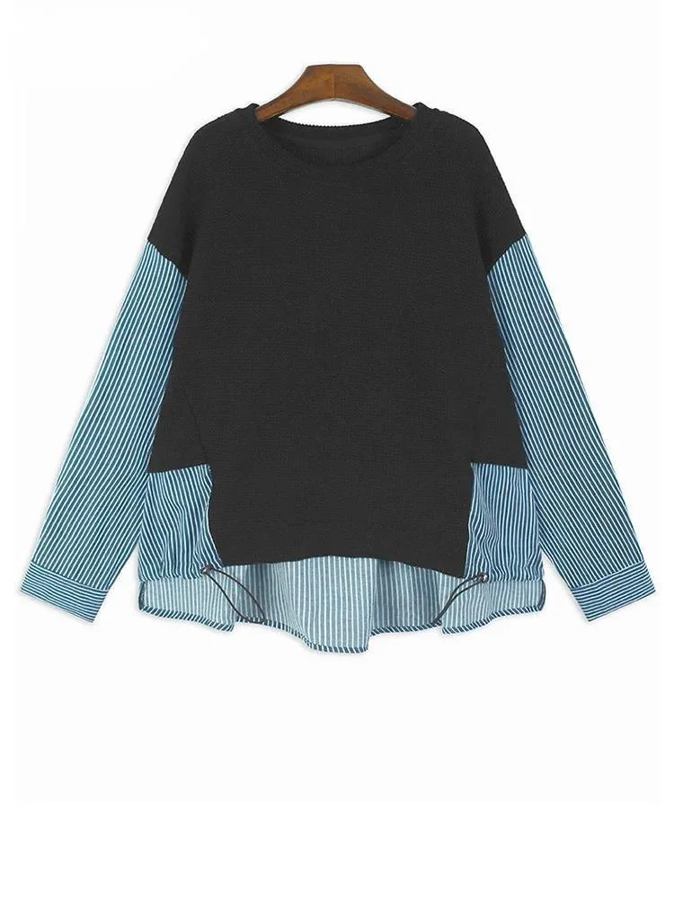 Blue Knitting Striped Irregular Sweatshirt New Round Neck Long Sleeve Women Big Size Fashion Spring Autumn