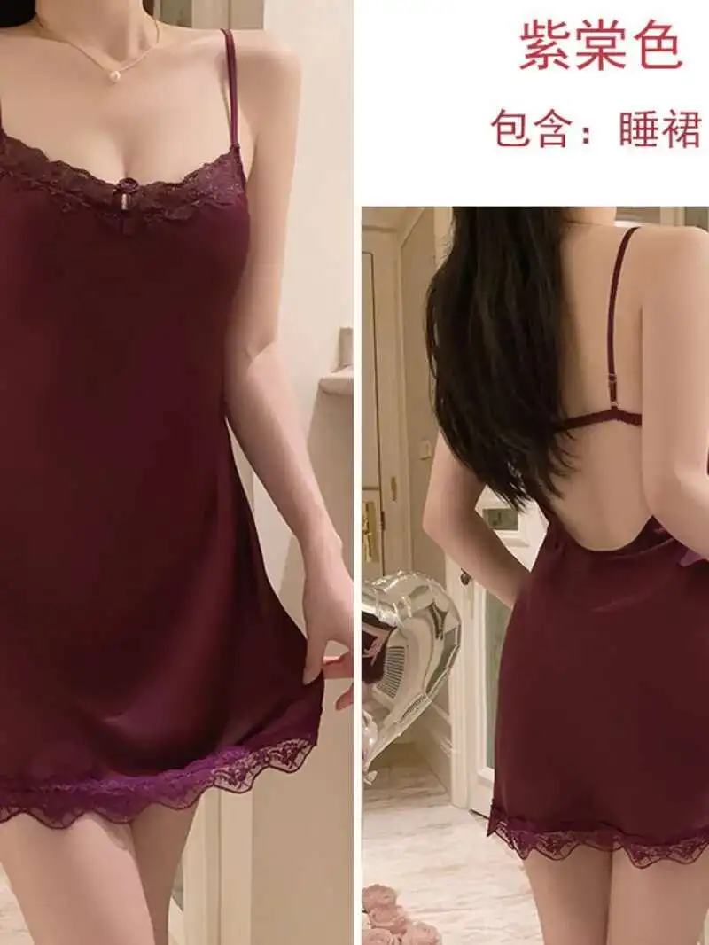 아이스 뉴 서스펜더 실크 레이스 스플라이싱 딥 솔리드 컬러 V 가슴 쿠션으로 모여 순수한 실키 실크 섹시한 잠옷 세트 7NOY