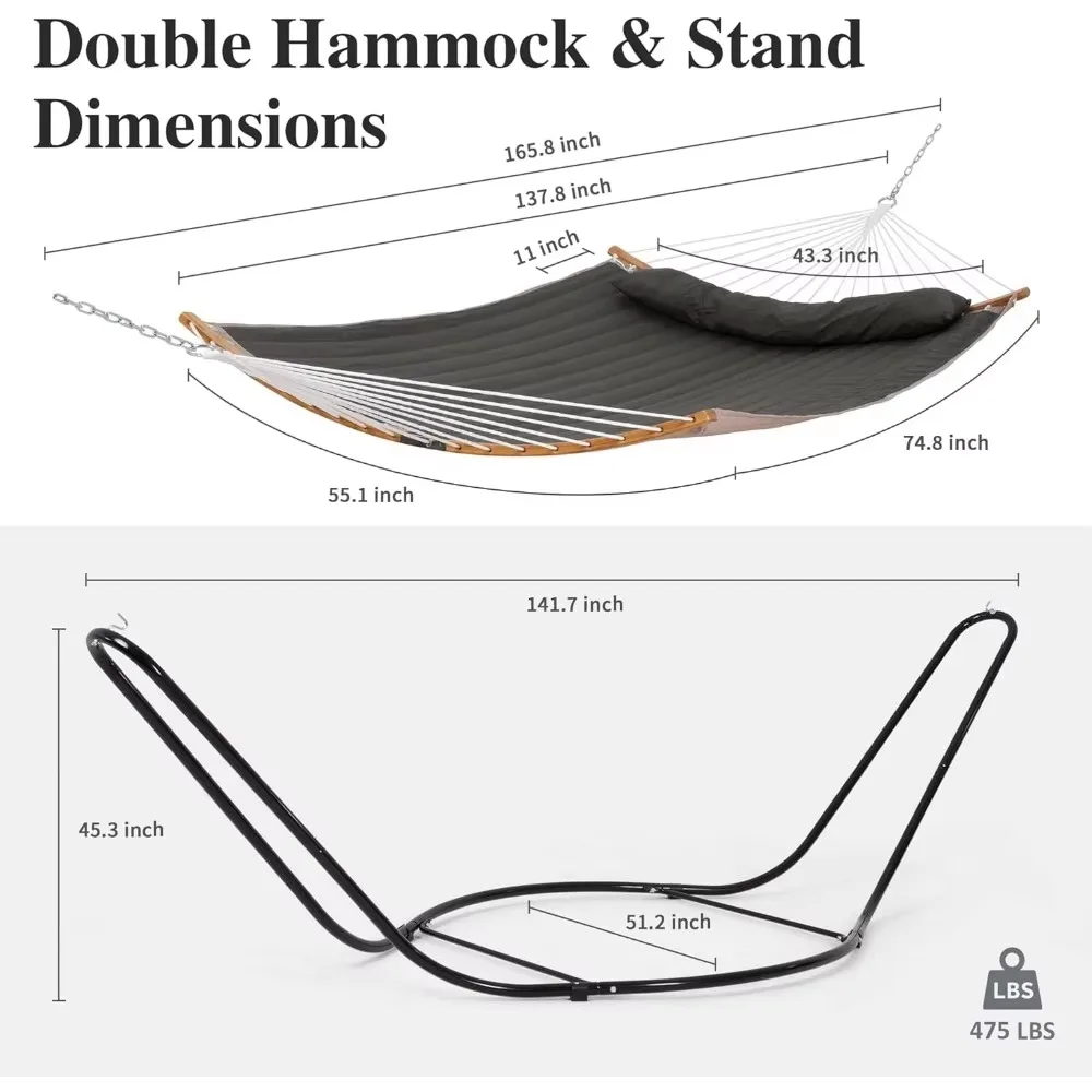 Double Hammock with Curved Boom, Hammock with Stand for 2 People, 142"L x 55"W, Patent Pending, Dark Grey