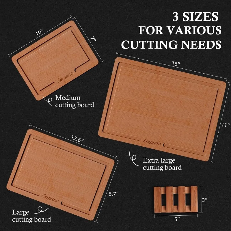 Bamboo Cutting Board Set of 3 Carbonized Color Kitchen Chopping Boards with Juice Groove Antibacterial Kitchen Tools