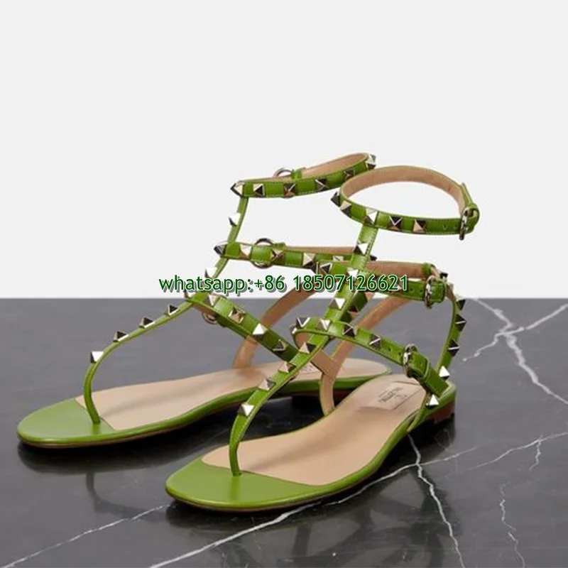 Round Head Rivet Clip Toe T-Strap Sandals Low Heel Open Toe Flat Shoes For Women