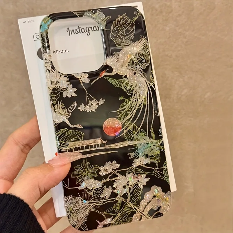 Sparkling Glitter Chinese Style Landscape Crane Phone Case For iPhone 11 12 13 14 15 16 17 Pro Max XS XR X 7 8 Plus Soft Cover - náhled 4