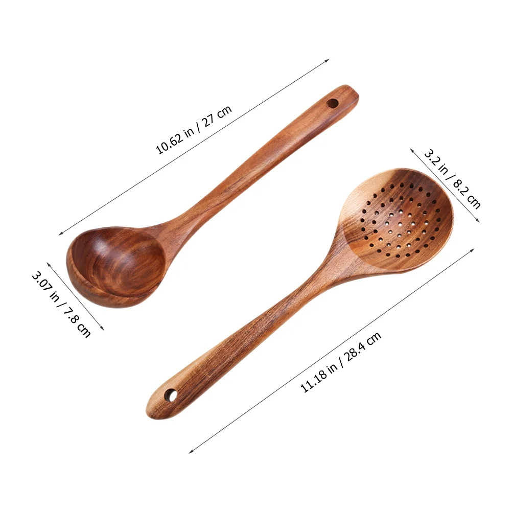 

2pcs Wood Slotted Spoons Daily Use Serving Utensils Ergonomic Kitchen Accessories Portable Reusable Soup Spoons For Home