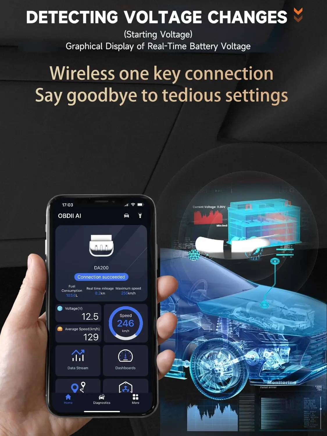 Bluetooth-сканер OBD2, считыватель кодов AI для проверки освещения двигателя, тестирования батареи и живых данных, работает с iOS/Android