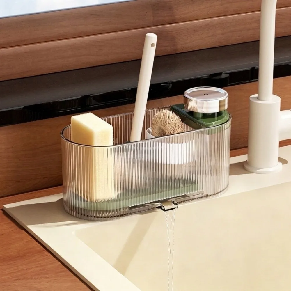 Plastic Sponge Holder with Soap Dispenser Large Capacity Transparent Sink Drainage Rack Detachable Kitchen Sink Organizer 4