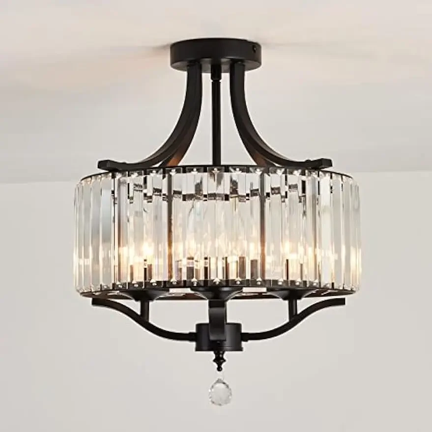 

YECTSKIModern Crystal Chandelier Black Semi Flush Mount Ceiling Light Fixture Metal Farmhouse Chandelier for Dining Room Bedroom