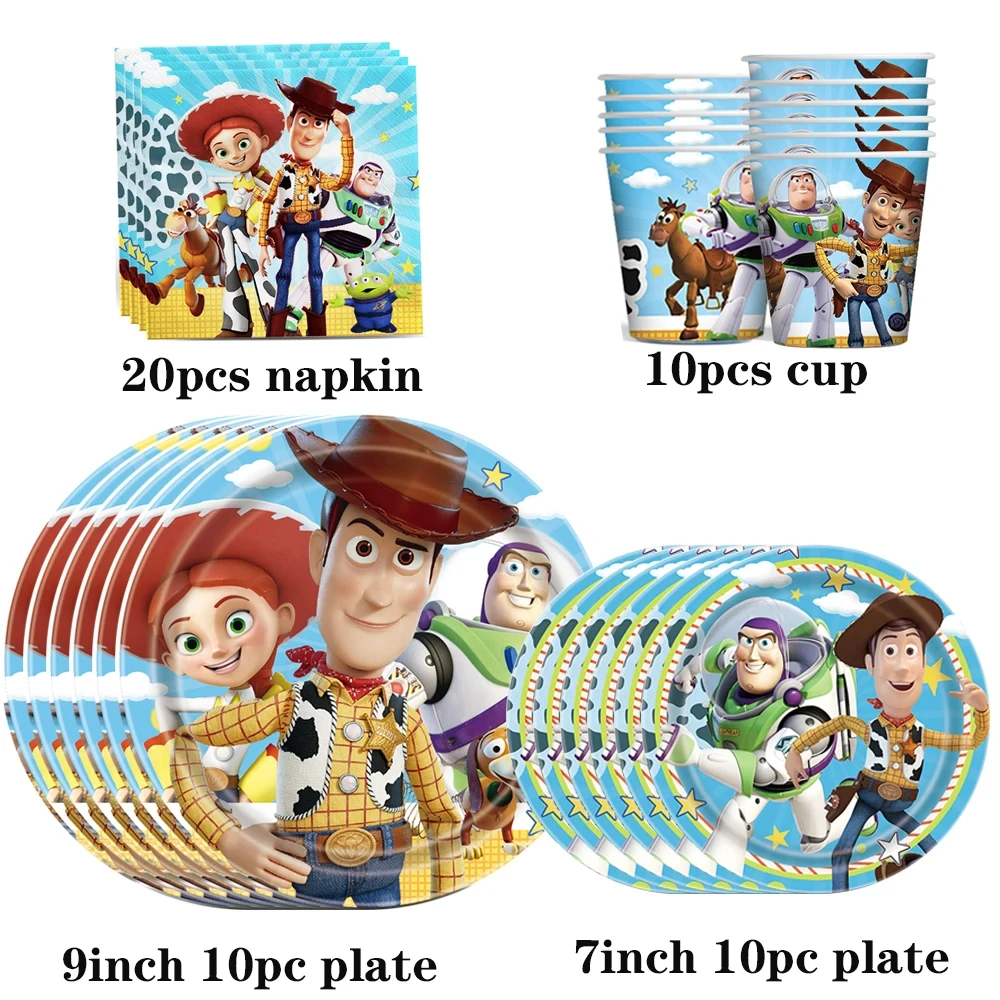 ديكورات لعبة قصة عيد ميلاد ديزني ، أغطية علوية للكعك ، أطباق ، أكواب ، مفرش مائدة ، طنانة مضيئة ، مجموعة بالونات للأطفال ، لوازم الحفلات