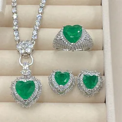 Women's Fashion Jewelry Set Sterling 925 Silver Lab Emerald Full Diamond Heart Pendant Necklace Ring Earing Women 2023 Trending