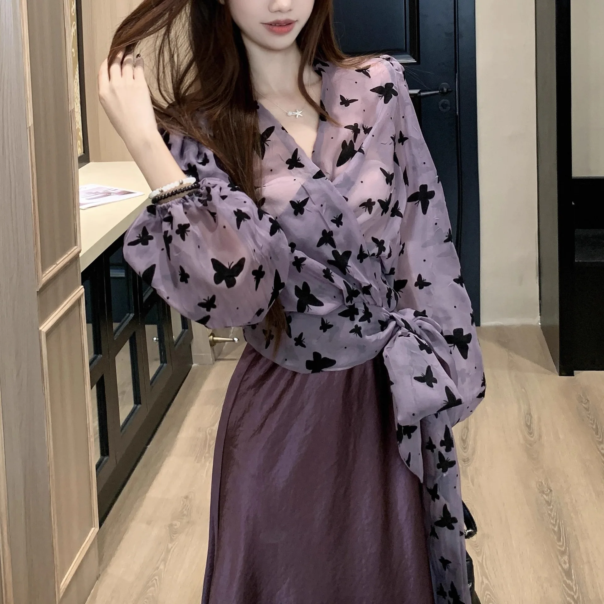 Fashionable Updated Women's Set Gentle Style French Vintage Soft Wind Autumn Chiffon Print