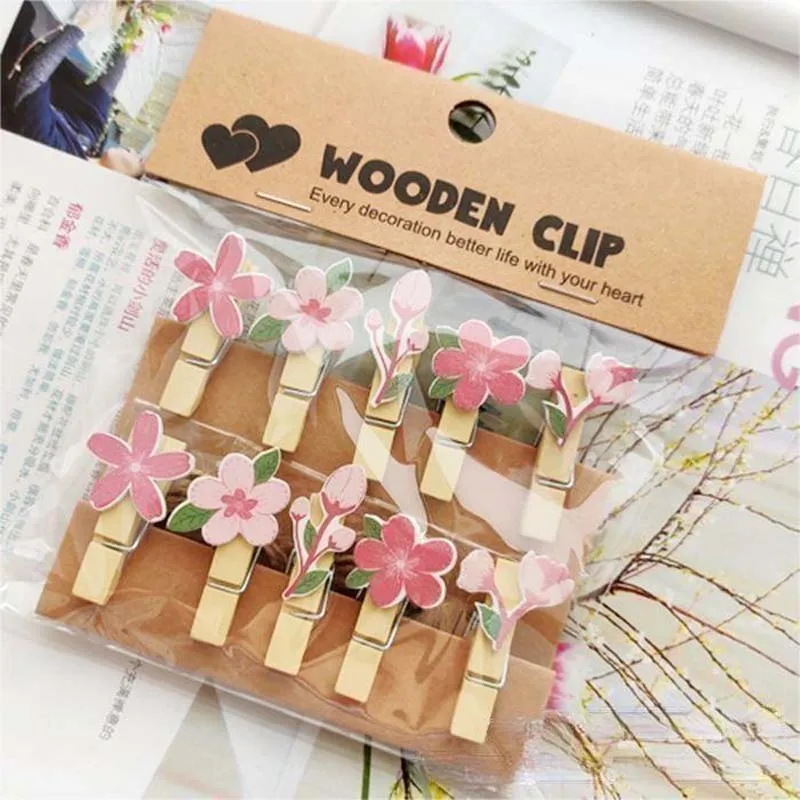 35x7mm/set 10pcs Wooden Peach Flower Hanging Photo Clips Memo Paper Art Card Clothespin Stationery Wedding Party Craft Decor