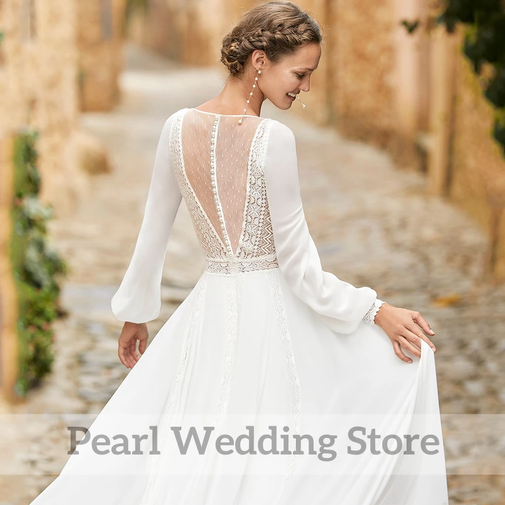 Elegant Boho Wedding Dress Long Sleeve Chiffon Lace V-Neck Illusion Back A-Line Floor Length with Button Sweep Train Bride Gown