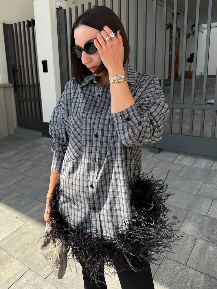 Elegant Lapel Collar Plaid Shirt Detachable Feather Hem Single Breasted Irregular Lazy Top Lady Autumn Trend Club Party Outfit