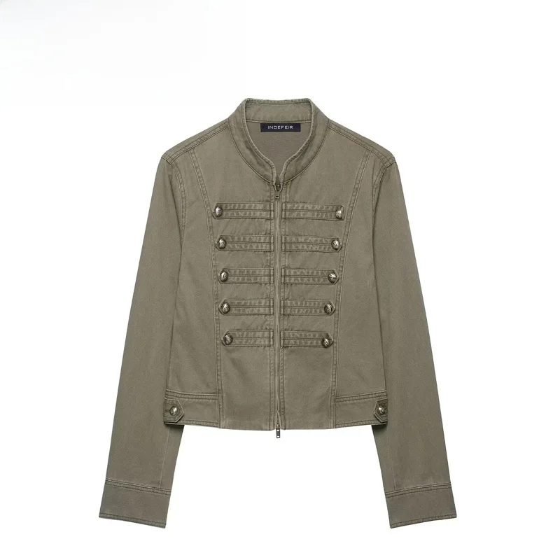 Fashionable Windproof Zipper Stand Collar Napoleon Button Women's Jacket Versatile Style Polyester Fiber Long Sleeve Short Coat