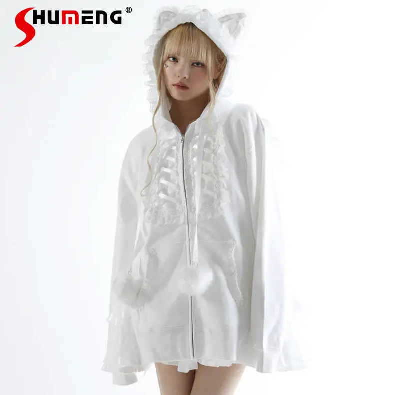 

Japanese Mines Style Subculture Lace Patchwork Cat Ear Hooded Jacket Back Straps Angel Wings Hoodies Sweatshirt for Women Autumn