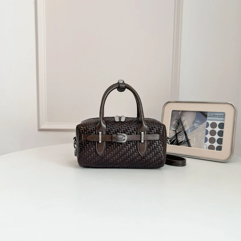 Woven PU Women Mini Boston Handbag Retro Cylinder Crossbody Bag Removable Strap Casual Daily Ladies Shoulder Purse