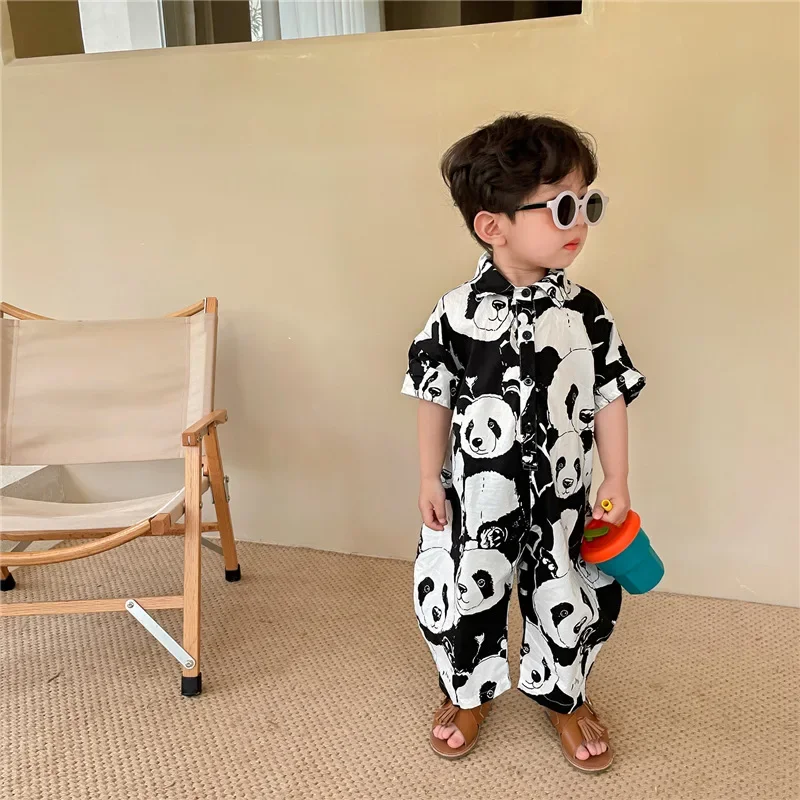 Summer Boys and girls panda print half sleeve jumpsuits Kids turn-down collar ankle length playsuits