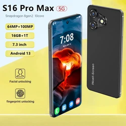 2024 정품 S16 프로 맥스 스마트폰 네트워크, 7.3 인치 16GB + 1TB 안드로이드 휴대폰, 8000mAh 64MP + 100MP 5G 휴대폰