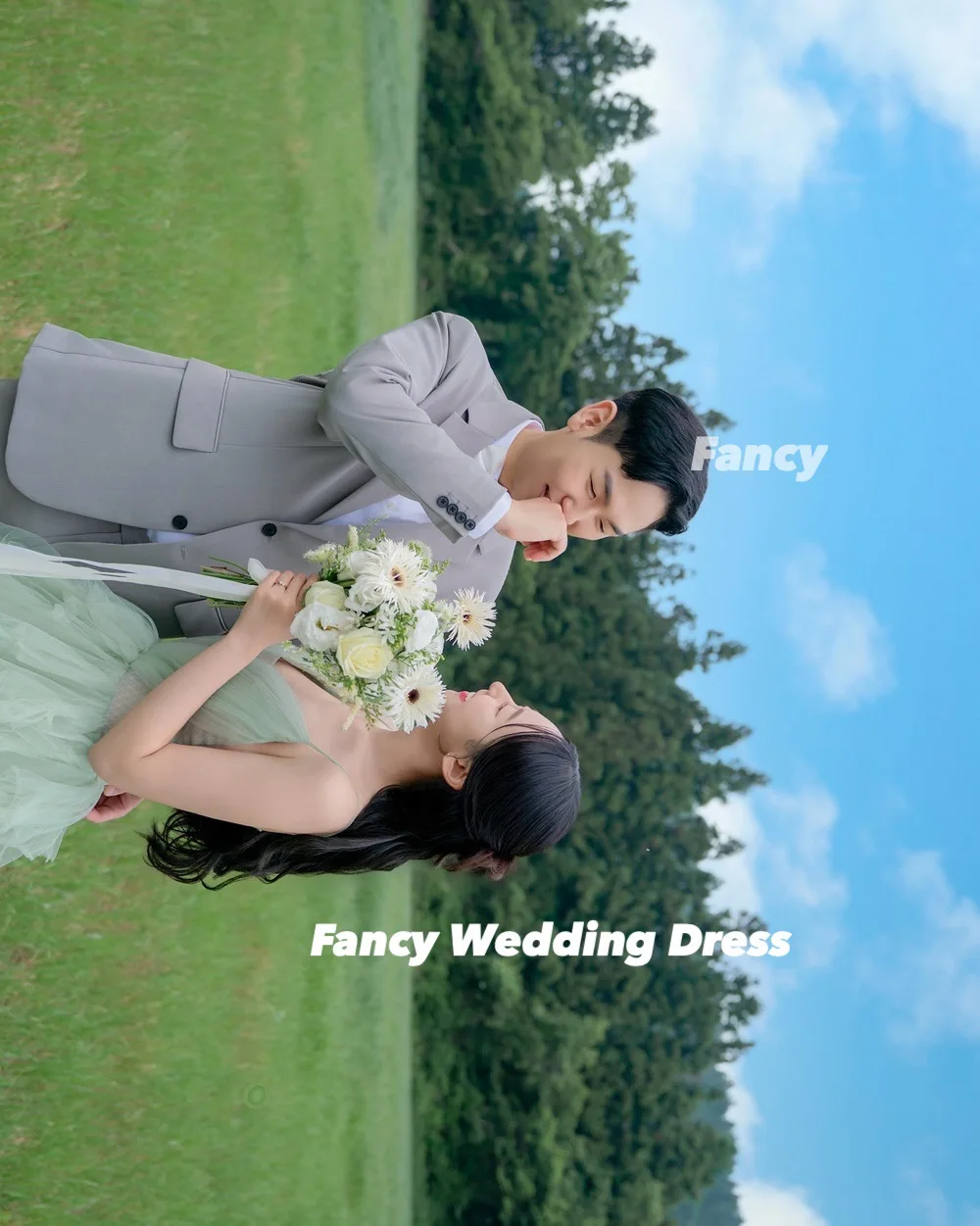 فستان زفاف vFancy الأميرة الأخضر كوريا صورة تبادل لاطلاق النار ألف خط السباغيتي الأشرطة ثوب الزفاف لينة تول الظهر مشد مخصص