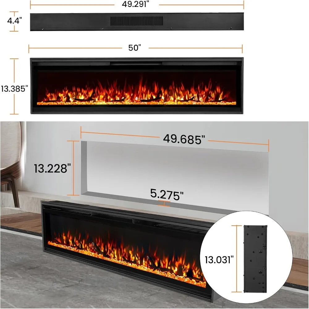 Perapian Listrik TUAN50 inci, Perapian Dinding Ultra Tipis dengan Remote Control, Api Realistis Multiwarna, Layar Sentuh