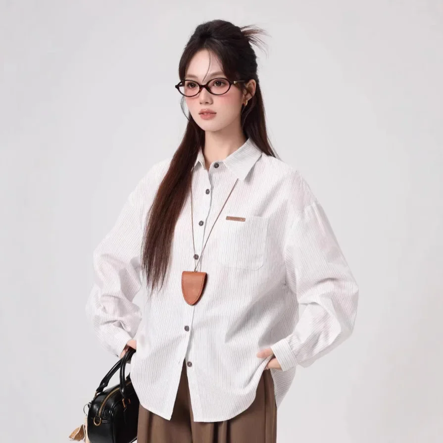

Женская рубашка с длинным рукавом в полоску, новинка 2025 года, весенний топ, элегантная приталенная рубашка для офиса, универсальная женская одежда