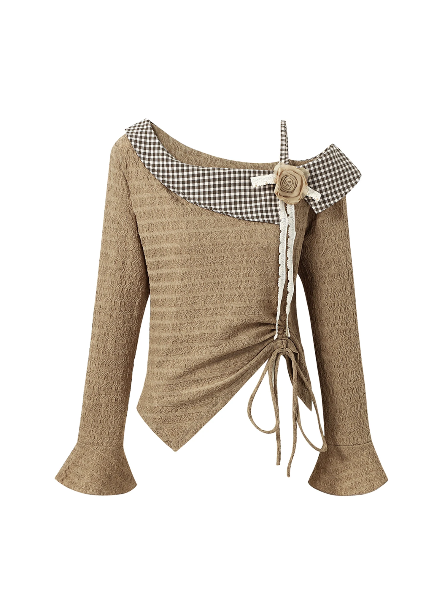 

Women Khaki 3D Floral T-shirt Harajuku Y2k Gyaru Tee Top 90s Aesthetic 2000s Vintage Long Sleeve Lace-up T-shirts Autum Clothes