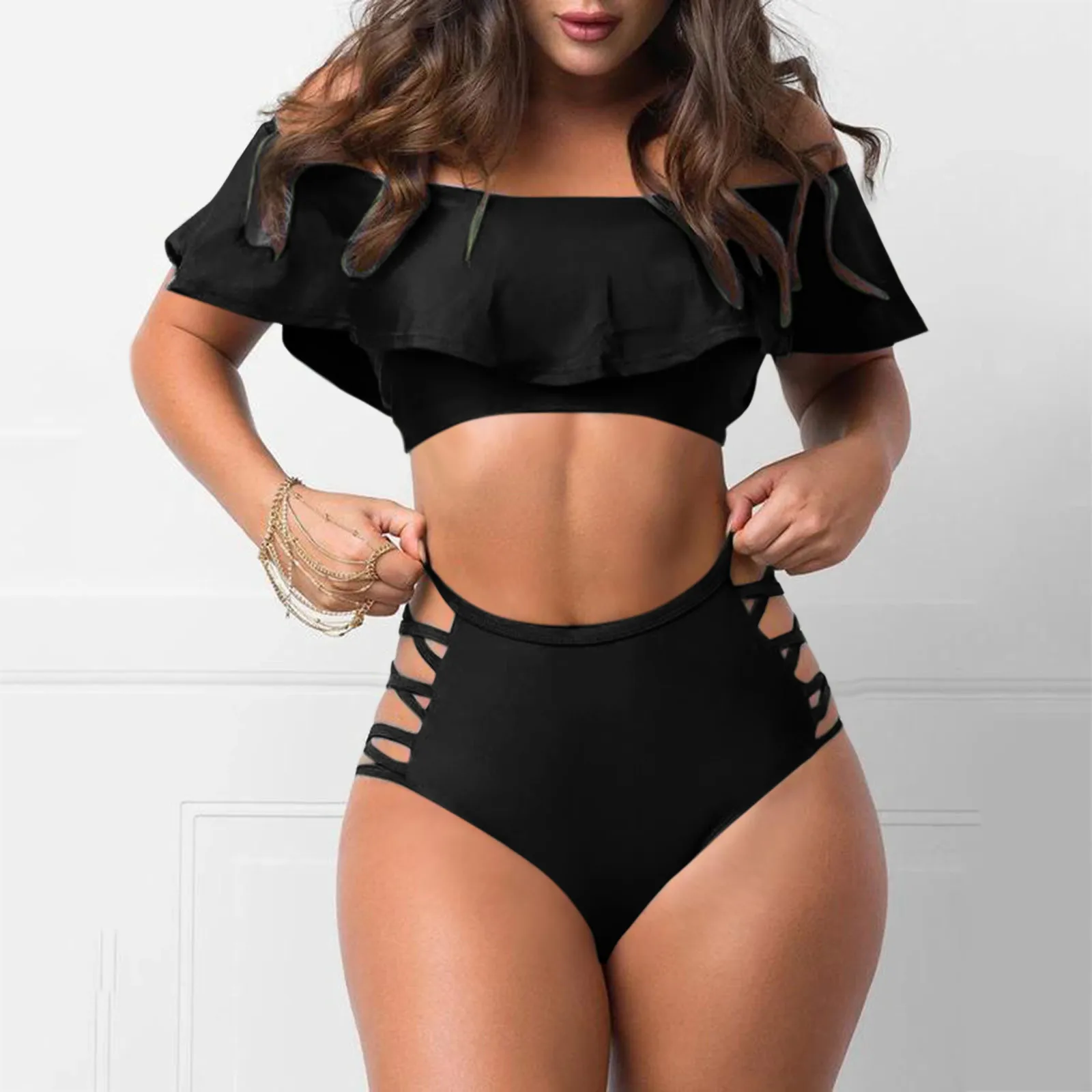 Conjunto de Bikini con volantes para mujer, bañador Sexy, ropa de playa de cintura alta, traje de baño de dos piezas